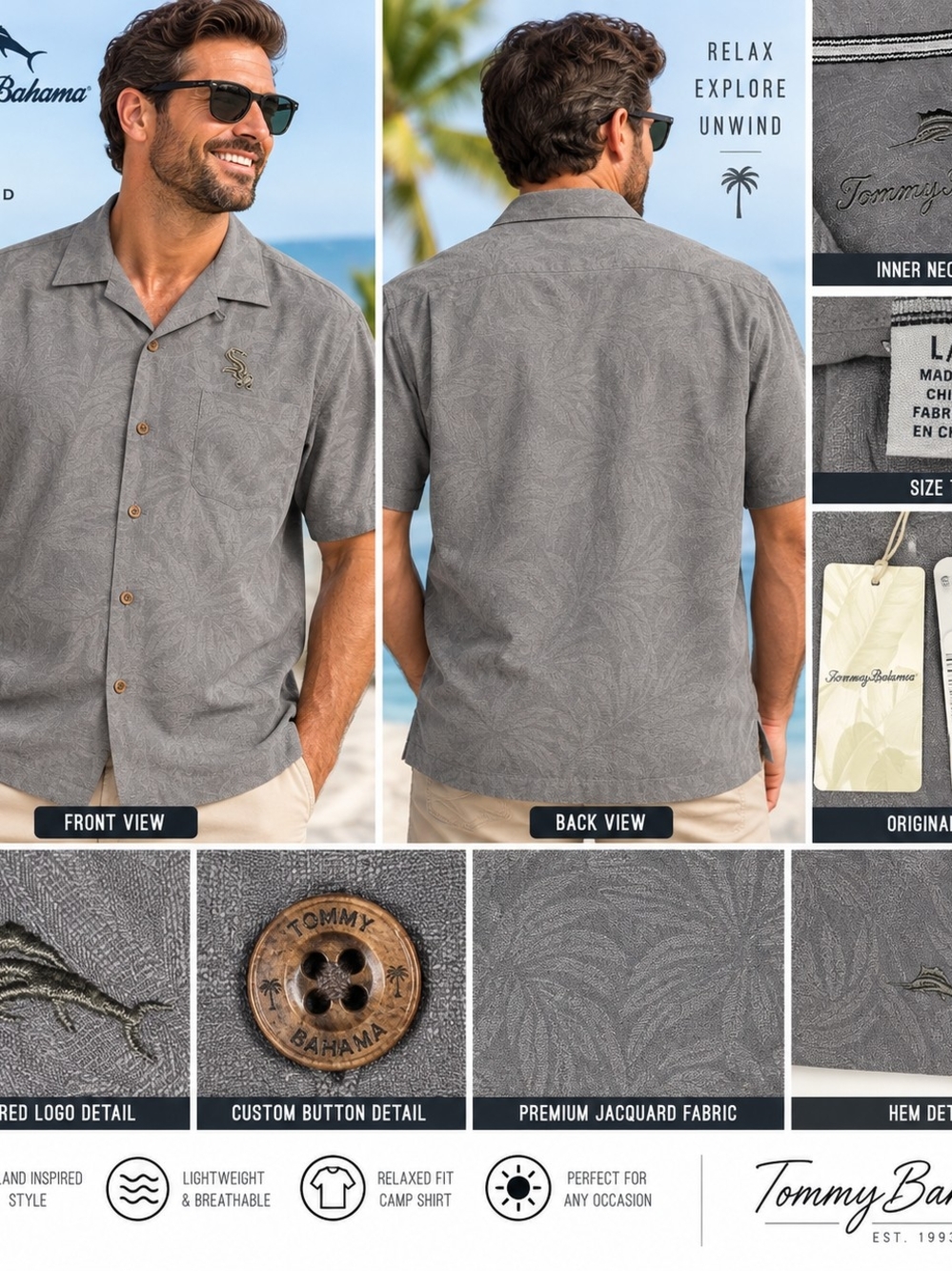 Tommy Bahama Large Gray Jacquard Short-Sleeve Camp Shirt with Embroidered Logo